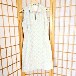 Elegant Collared Bamboo Print Dress in Light Blue and Gold (S)